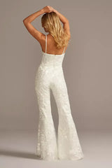 Newinlook Elegant Floral Overlay Lace Spaghetti Strap Flare Leg Wedding Jump Suit