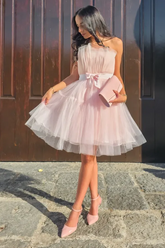 Tulle Strapless Sleeveless Short A Line Formal Dress With Belt