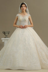 Cap Sleeves Lace Ball Gown Wedding Scoop Neck