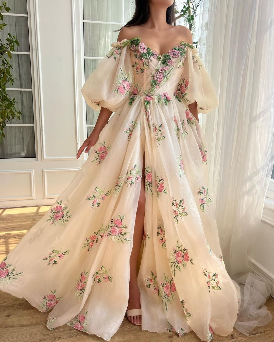 Newinlook Elegant Off-The-Shoulder Floral Embroidered Split Evening Dress With Puff Sleeves