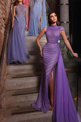 Newinlook High Neck Purple Silt Mermaid Evening Dress With Sequins Beads