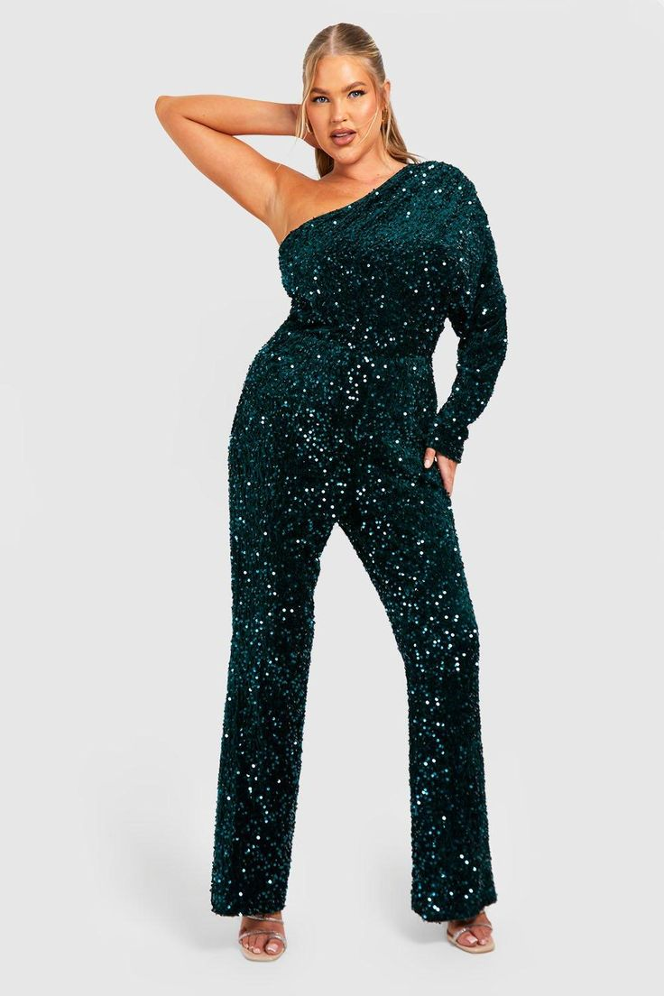 Newinlook Chic Dark Green Sequins One-Shoulder Party Jump Suit With One Sleeve