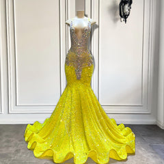 Glamorous Yellow V-Neck Sleeveless Mermaid Long Prom Party Dresses Featuring Beads and Sequins