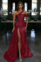 Newinlook Ocean Blue Off-the-Shoulder Slit Evening Dress With Gorgeous Sequins