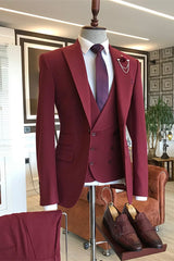 Newinlook Stylish Dark Red Three-Piece Groom and Groomsmen Suit with Peaked Lapel