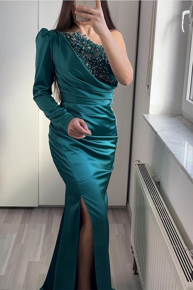 Newinlook Long Sleeve One Shoulder Mermaid Split Evening Dress With Beadings