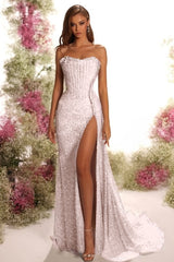 Strapless Sleeveless Long Split Formal Dress With Pleated Sequins
