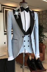 Newinlook Fashionable Black Peaked Lapel Sky Blue Three-Piece Party Suit for Men
