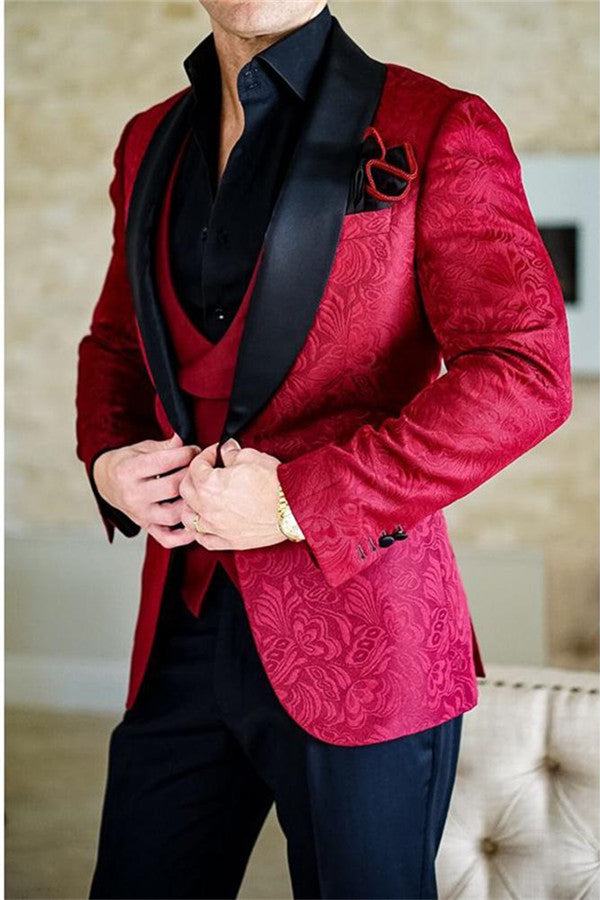 Newinlook Red Jacquard Business Slim Fit Men's Suit, Three Pieces with Shawl Lapel