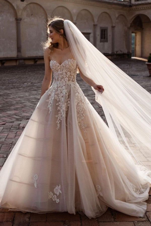 champagne sweetheart wedding dress Beautiful Champagne A-Line Sweetheart Sleeveless Long Beading Wedding Dress with High Split
