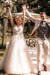 Champagne Tulle Wedding Dress Sleeveless Open Back