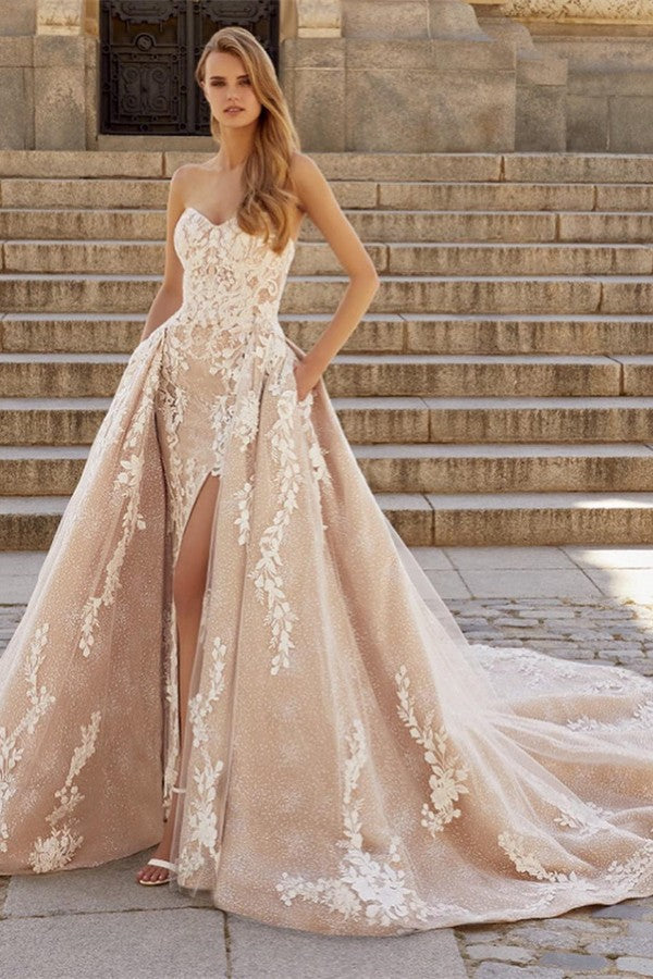 Champagne Wedding Dress Overskirt Sweetheart With Lace Appliques Newinlook Champagne Wedding Dress Overskirt Sweetheart With Lace Appliques Newinlook