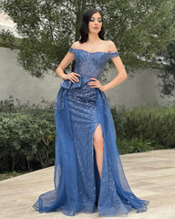 Charming Column Tulle Lace Off-The-Shoulder Sleeveless Sky Blue Prom Dress with Split Detail