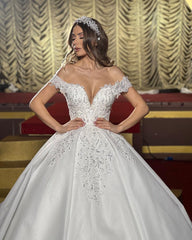Charming Floor-Length Off-the-shoulder Satin Wedding Dress with Ruffled Hem