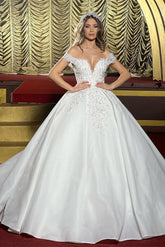 Charming Floor-Length Off-the-shoulder Satin Wedding Dress with Ruffled Hem