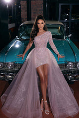 Charming Floor-Length One-Shoulder Long Sleeve A-Line Pink Prom Dress with Lace Accents