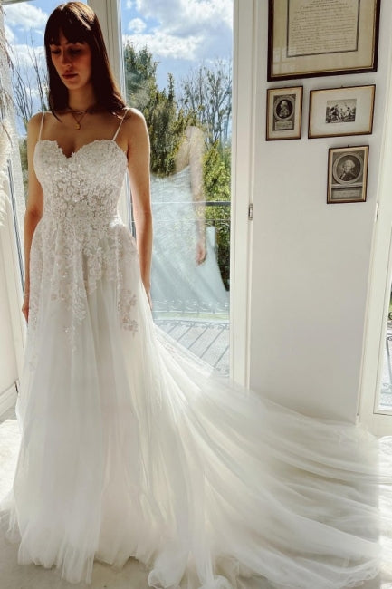 Charming Garden Spaghetti Straps A-Line Lace Bridal Gown