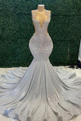 Attractive Jewel Neck Sleeveless Shiny Rhinestones Mermaid Prom Dress