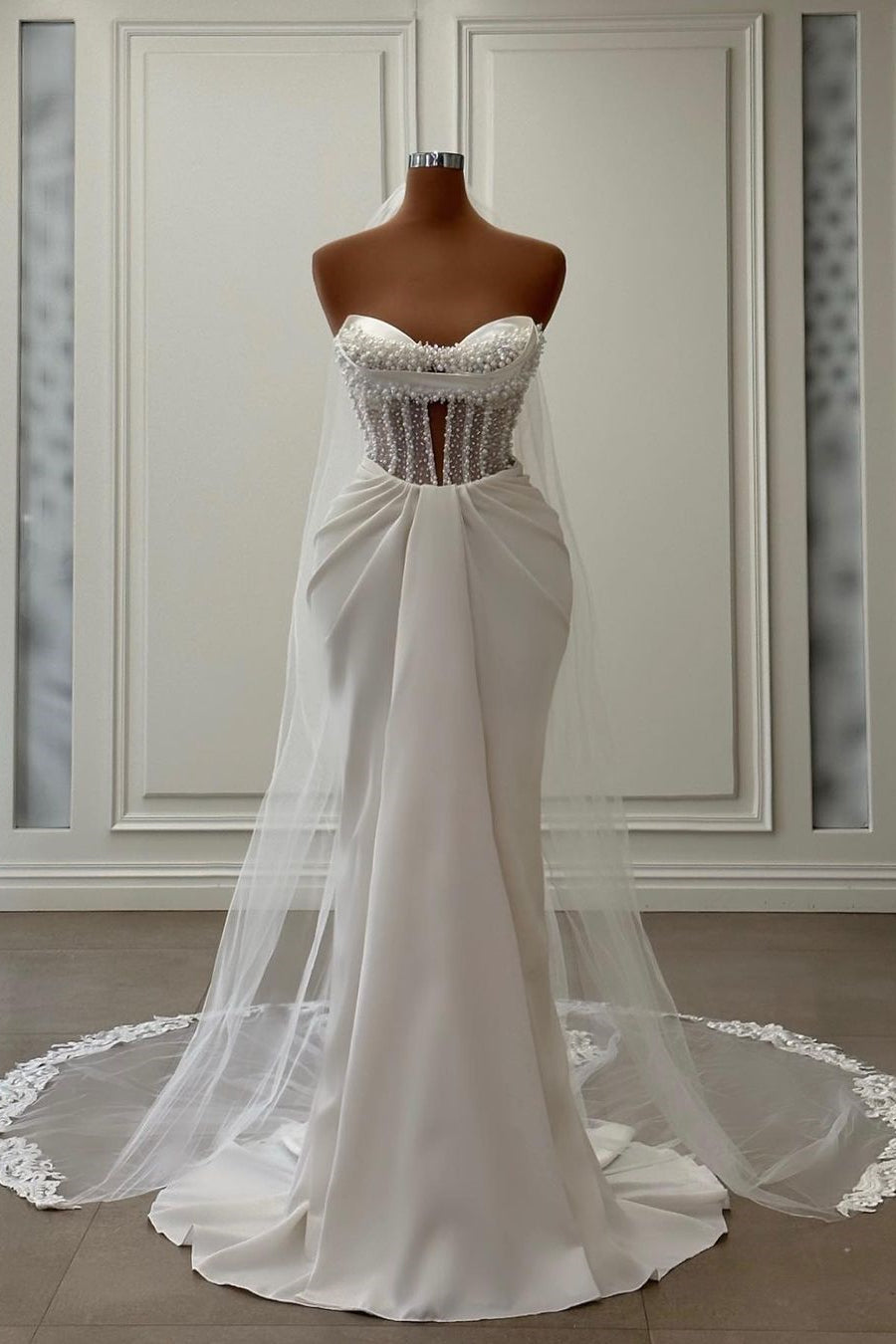 Elegant Long Ivory Mermaid Satin Wedding Dress Adorned With Pearls