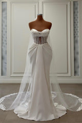Elegant Long Ivory Mermaid Satin Wedding Dress Adorned With Pearls
