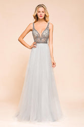 Charming V-Neck Tulle Long Prom Dress With Crystals On Sale