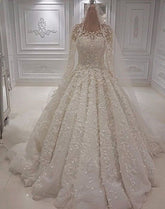 Chic A-line Jewel Longsleeves Wedding Dresses With Appliques Ivory Tulle Ruffles Bridal Gowns On Sale