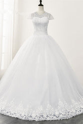 Chic Ball Gown Jewel White Tulle Lace Wedding Dress Short Sleeves Rhinestones Bridal Gowns Online