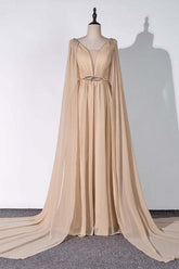 Chic Chiffon V-Neck Ruffle Prom Dresses with Beadings Sash On Sale