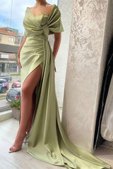 Chic Floor-Length Portrait A-Line Satin Prom Dress with Flirty Ruffles