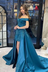 Chic Floor-Length Sweetheart Off-The-Shoulder Sheath Ribbon Prom Dress with Appliques