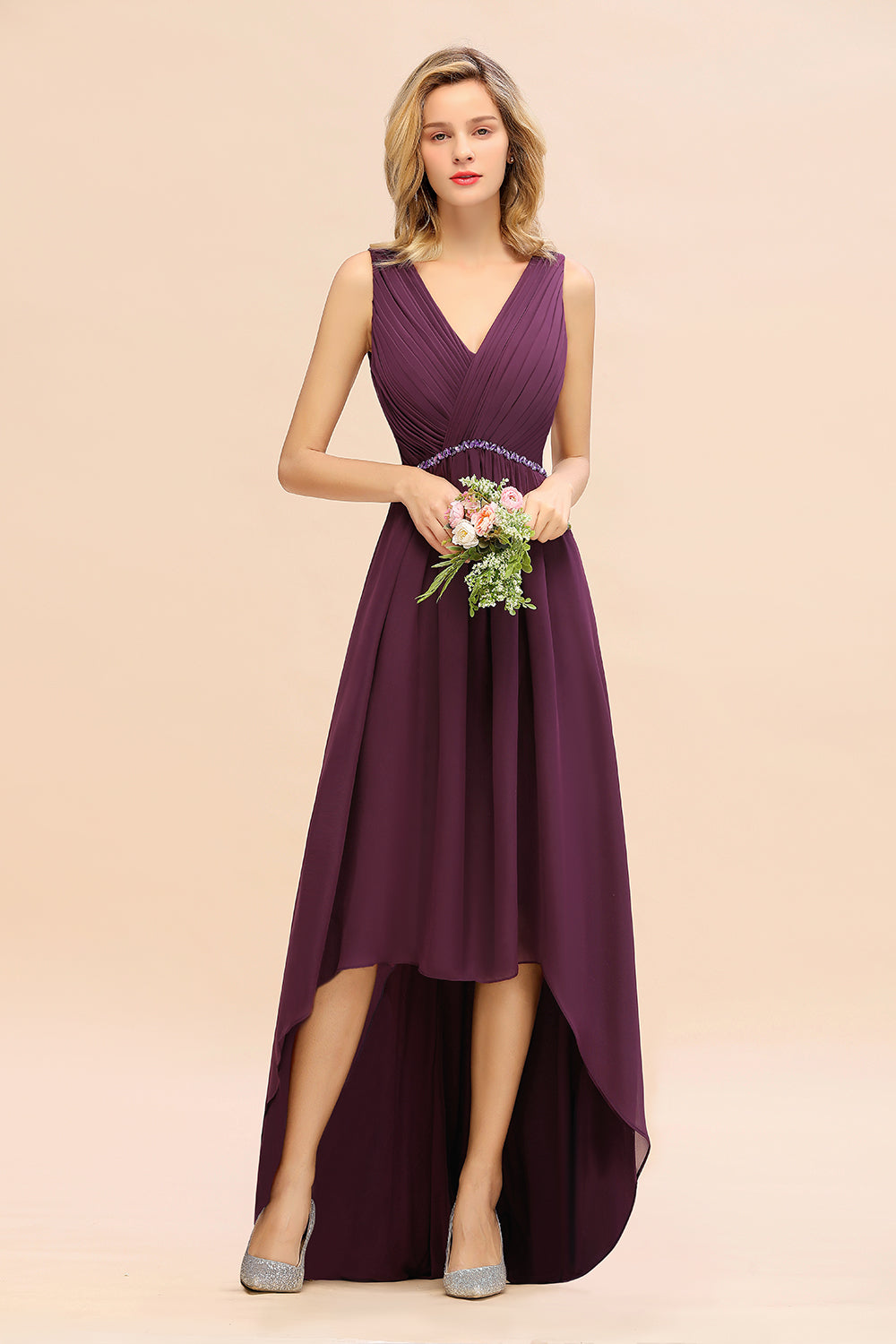 Chic Hi-Lo V Neck Ruffle Bridesmaid Dresses with Beading Sash Newinlook Chic Hi-Lo V Neck Ruffle Bridesmaid Dresses with Beading Sash Newinlook