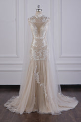 Chic High-Neck Tulle Champagne Wedding Dress Mermaid Sleeveless Appliques Bridal Gowns Online