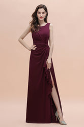 Chic Jewel Cabernet Chiffon Ruffles Bridesmaid Dress with Slit On Sale