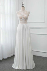 Chic Jewel Chiffon Ruffle White Wedding Dresses Lace Top Sleeveless Bridal Gowns with Pearls