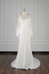 Chic Jewel Sleeveless White Chiffon Wedding Dress Mermaid Appliques Bridal Gowns with Fur Onsale