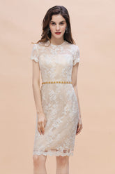 Chic Jewel Tulle Lace Beadings Mother of Bride Dress with Short Sleeves Online