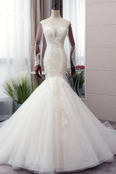 Chic Jewel Tulle Mermaid Lace Wedding Dress Pearls Appliques Long Sleeves Bridal Gowns Online
