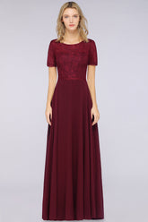 Chic Lace Long Burgundy Backless Bridesmaid Dress With Short-Sleeves