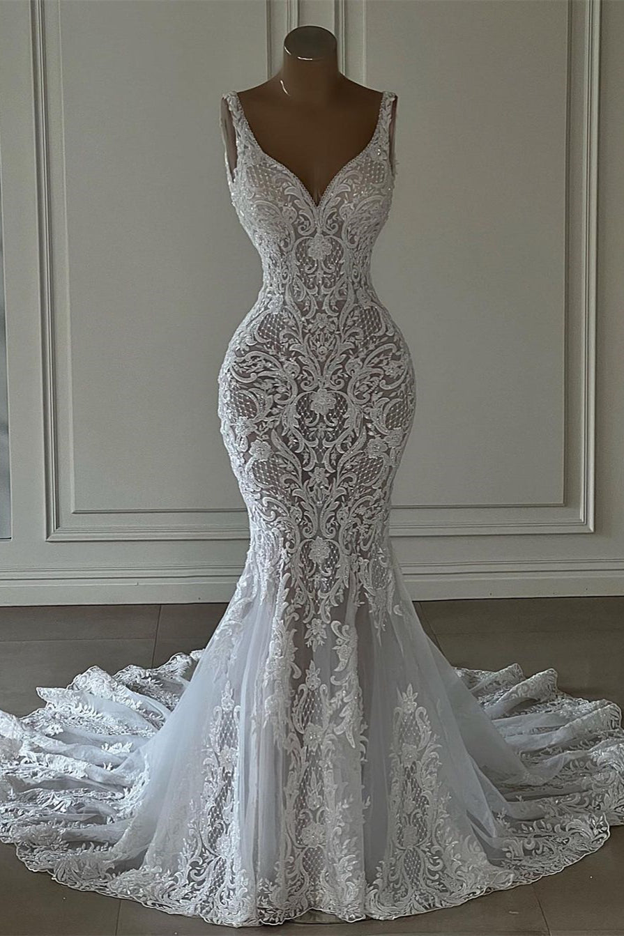 Chic Long Mermaid V-neck Sleeveless Wedding Dress with Lace Embellishments
