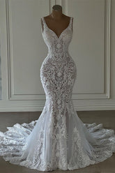 Chic Long Mermaid V-neck Sleeveless Wedding Dress with Lace Embellishments