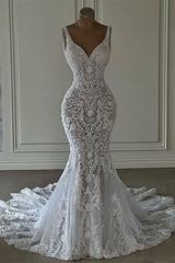 Chic Long Mermaid V-neck Sleeveless Wedding Dress with Lace Embellishments
