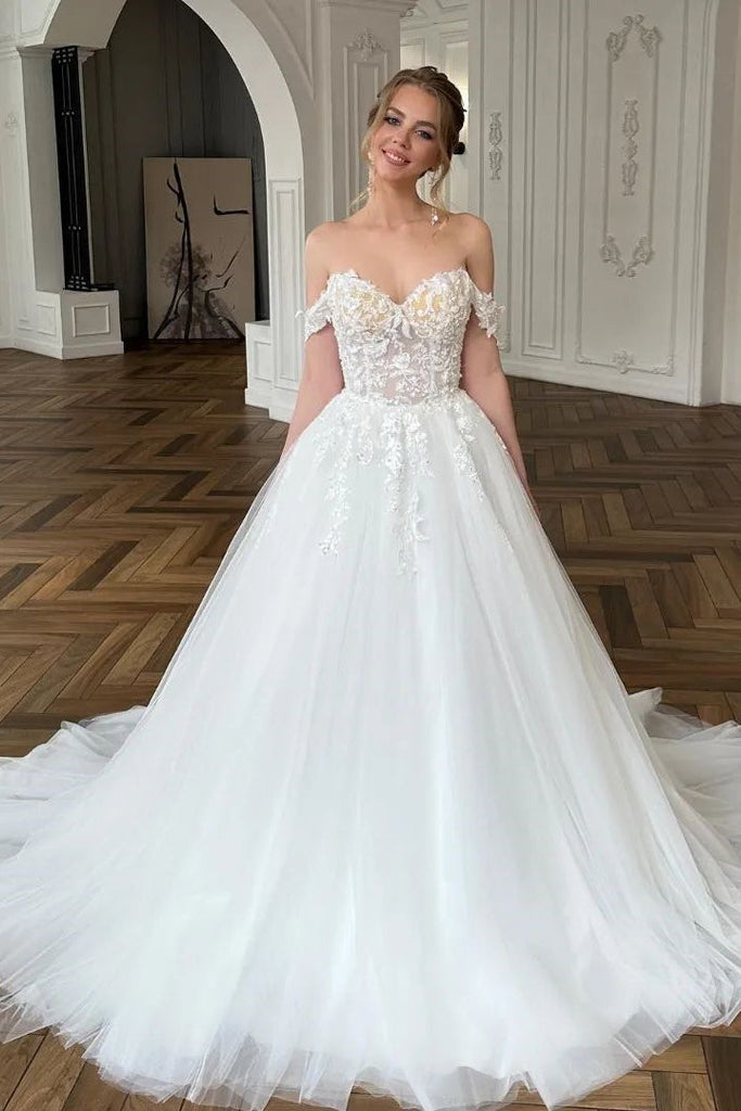 Elegant Long A-line Off-the-Shoulder Lace Tulle Wedding Dress