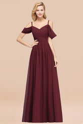 Chic Off-the-shoulder Burgundy Bridesmaid Dress with Spaghetti Straps