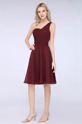 Chic One-Shoulder Short Burgundy Affordable Bridesmaid Dress with Ruffle