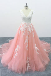Chic Peach Pink Tulle Lace Wedding Dress Cathedral Train Bridal Gowns On Sale