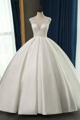 Chic Satin Ball Gown Jewel Wedding Dress Sleeveless Appliques Ruffles Bridal Gowns On Sale