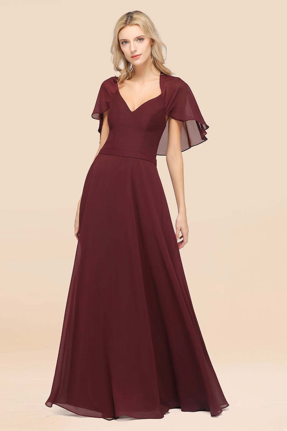 Chic Satin V-Neck Long Burgundy Chiffon Bridesmaid Dresses with Flutte Newinlook Chic Satin V-Neck Long Burgundy Chiffon Bridesmaid Dresses with Flutte Newinlook