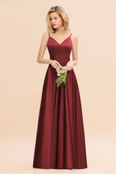 Chic Spaghetti-Straps Burgundy Satin Long Bridesmaid Dress Online