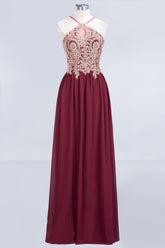 Chic Spaghetti Straps Long Burgundy Backless Bridesmaid Dress with Appliques