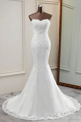 Chic Strapless Lace Appliques White Mermaid Wedding Dresses with Beadings Online